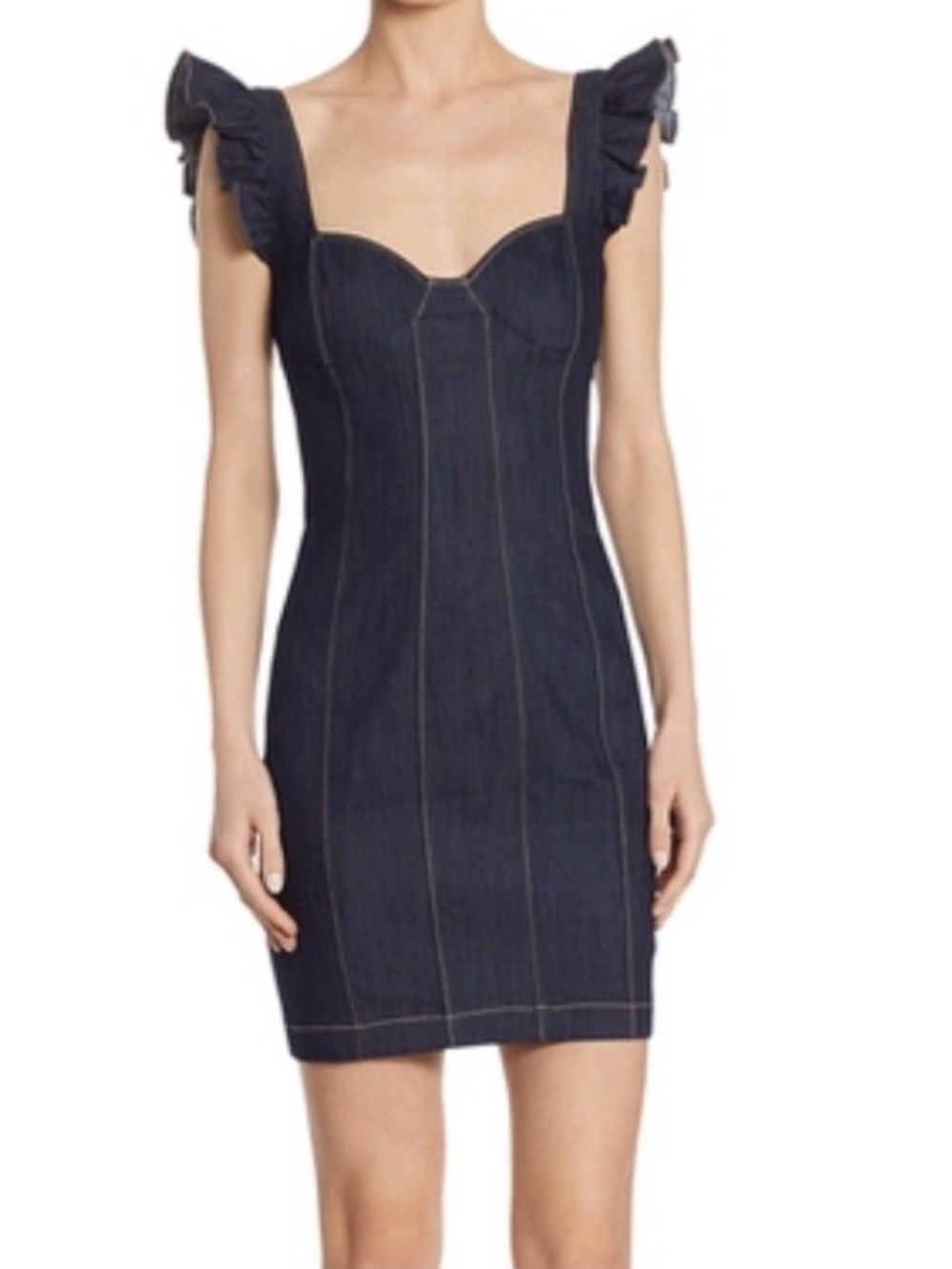 Cinq à Sept Dark Denim Ruffle Strap Dress, Size 6